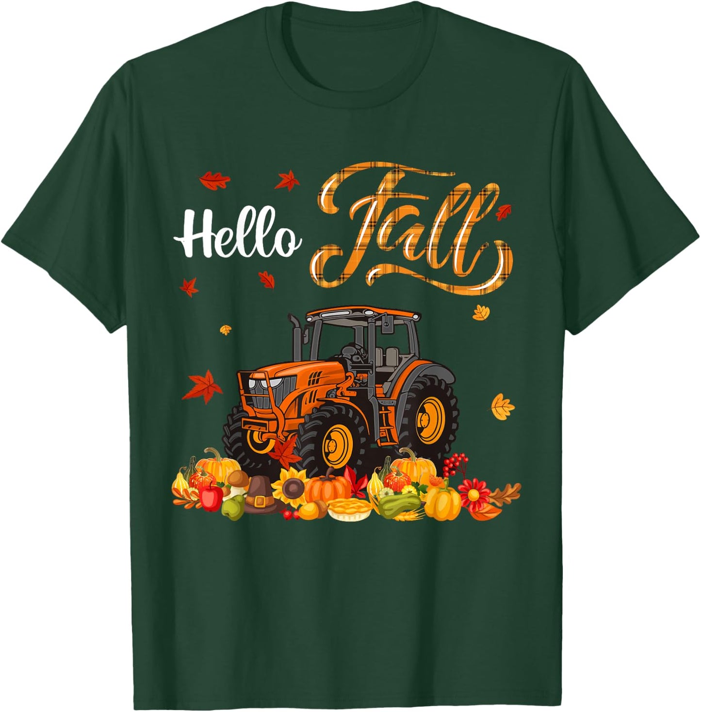 Thanksgiving Fall Orange Plaid Autumn Pumpkins Tractor Lover T-Shirt - T-Shirt | Forest