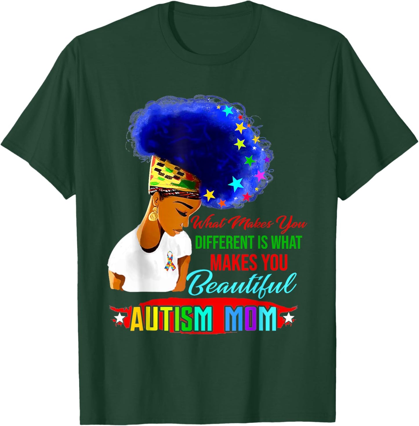 Black Afro American Autism Awareness Mom Rainbow T-Shirt - T-Shirt | Forest