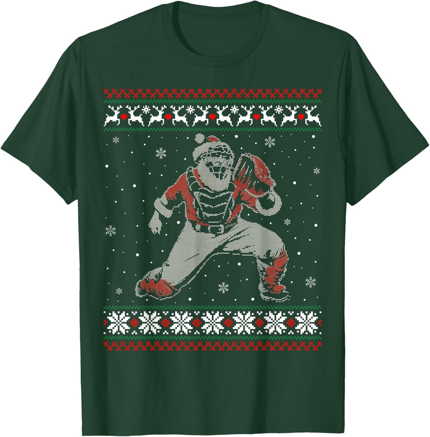 Baseball Catcher Christmas Ugly Sweater Baseball Player T-Shirt - T-Shirt | Forest