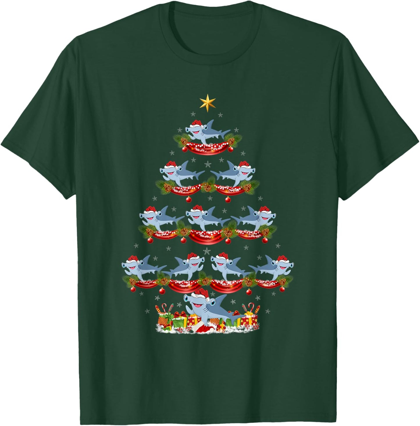 Xmas Holiday Santa Hammerhead Shark Christmas Tree T-Shirt - T-Shirt | Forest
