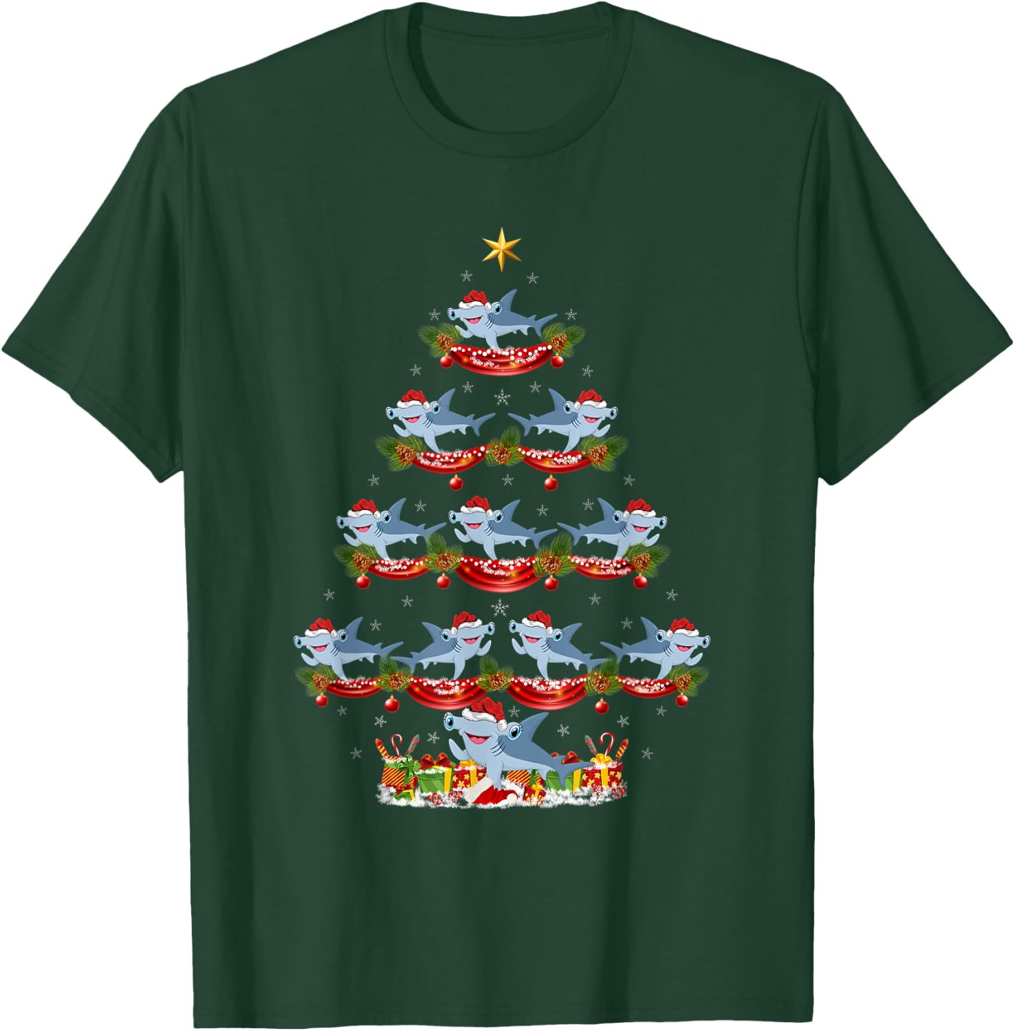 Xmas Holiday Santa Hammerhead Shark Christmas Tree T-Shirt - T-Shirt | Forest