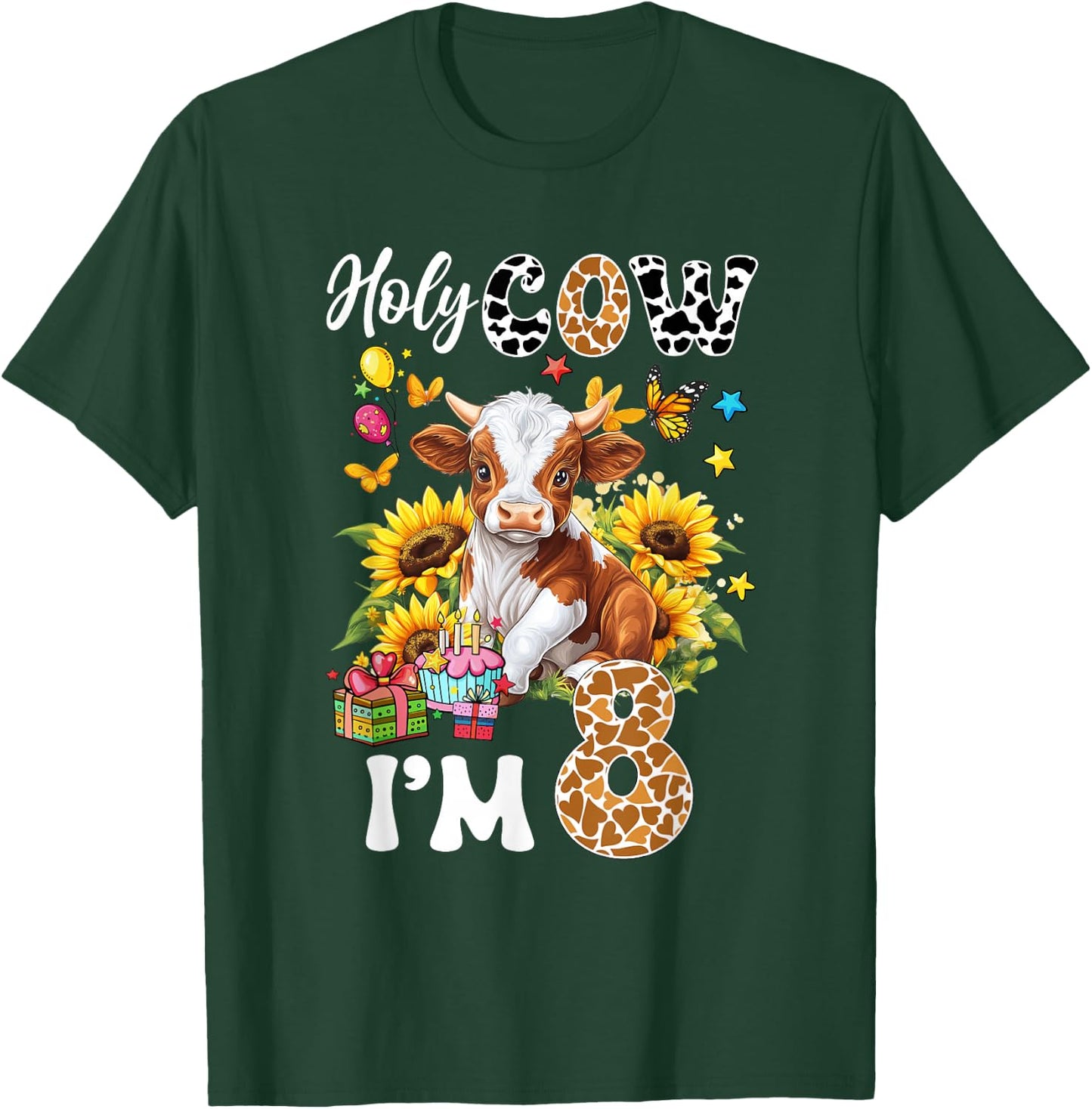 Holy Cow I'm 8 Years Old Farm Cow Sunflowers 8Th Birthday T-Shirt - T-Shirt | Forest