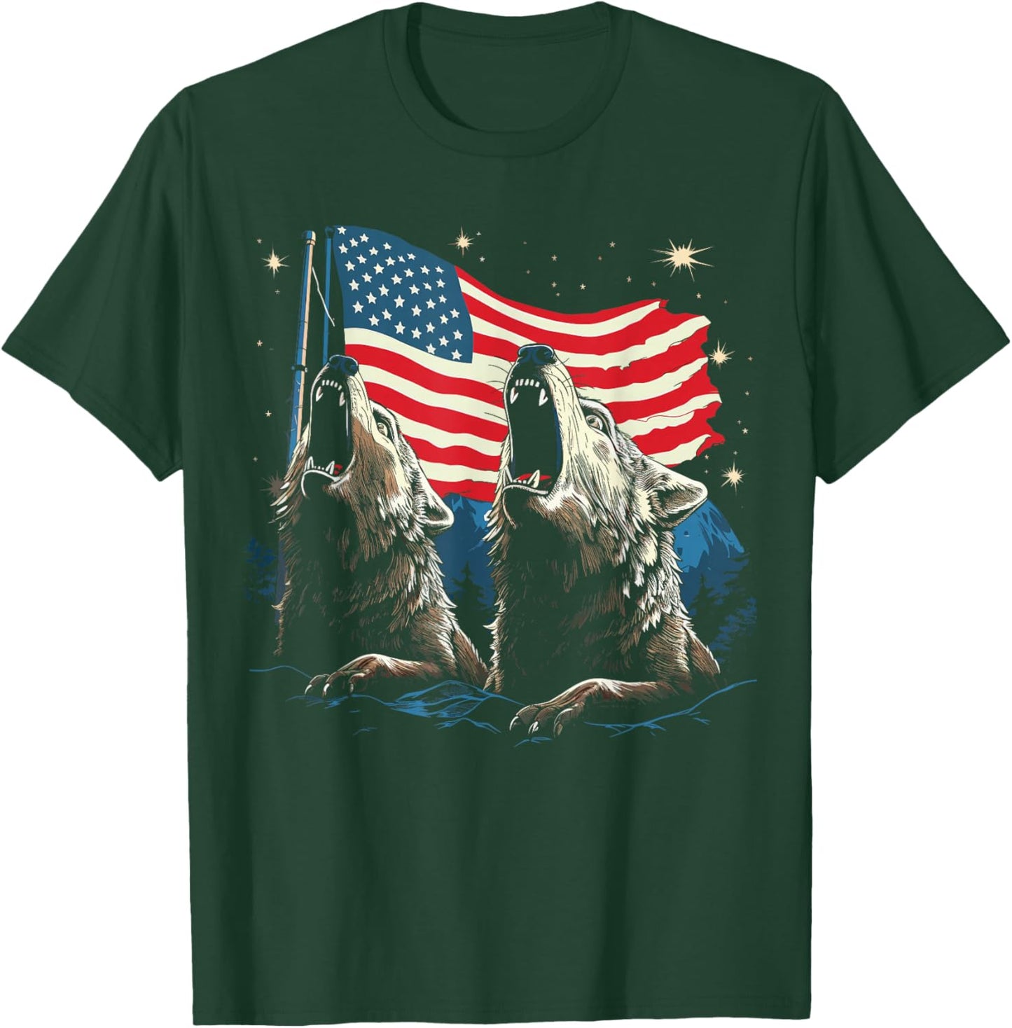 Wolves Moon Howling Wolf American Flag Wolves T-Shirt - T-Shirt | Forest