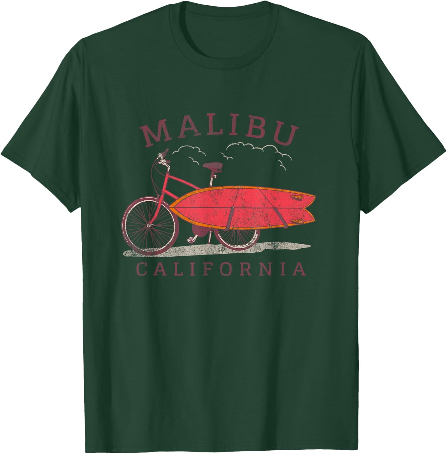 Retro Malibu California Surfing Fan Surfboard Bicycle Art T-Shirt - T-Shirt | Forest