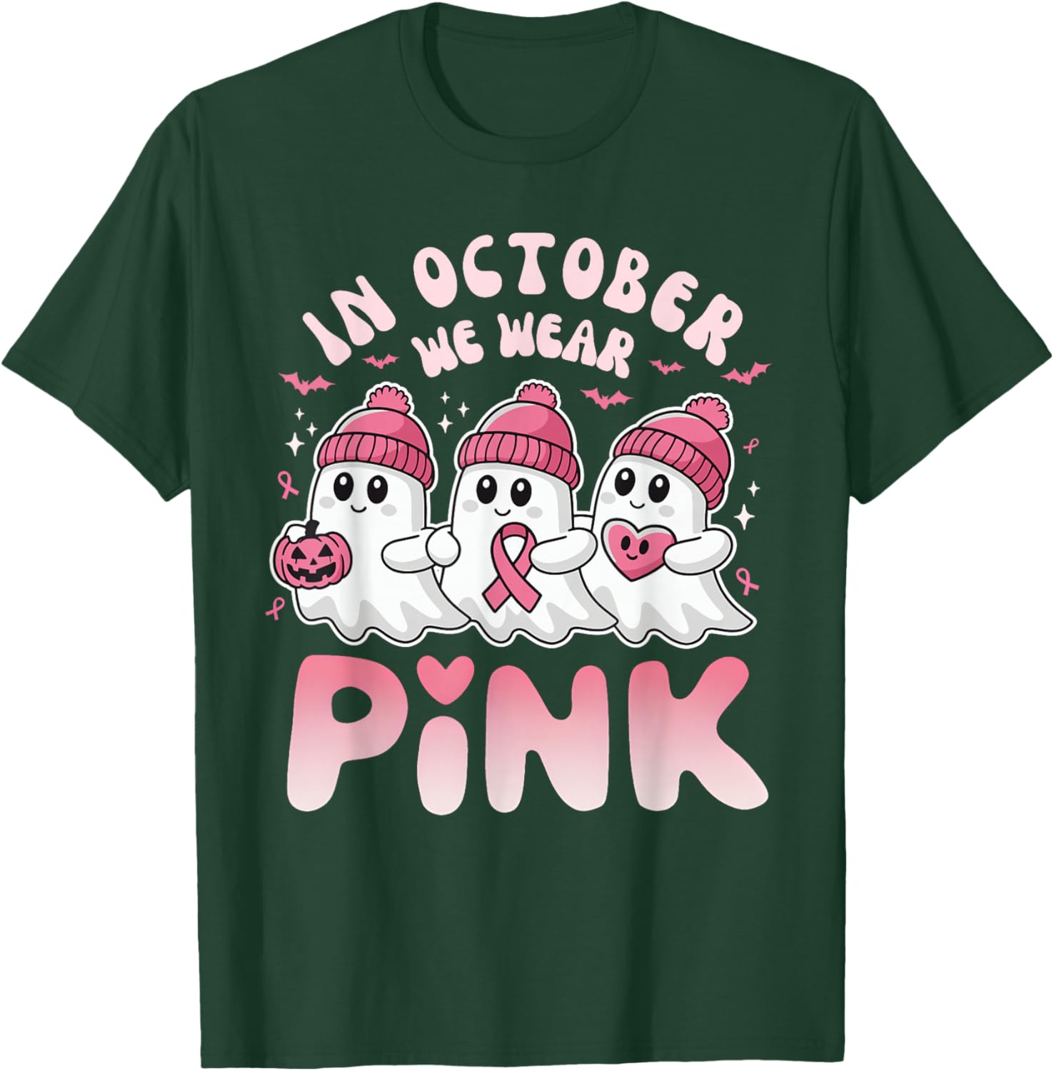 In October We Wear Pink Spooky Ghost Breast Cancer Awareness T-Shirt - T-Shirt | Forest