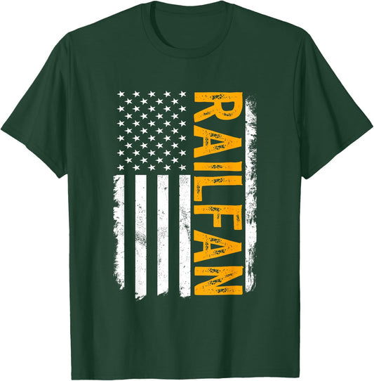 Railfan American Flag, Train Buff, Rail Buff, Trainspotter T-Shirt - T-Shirt | Forest