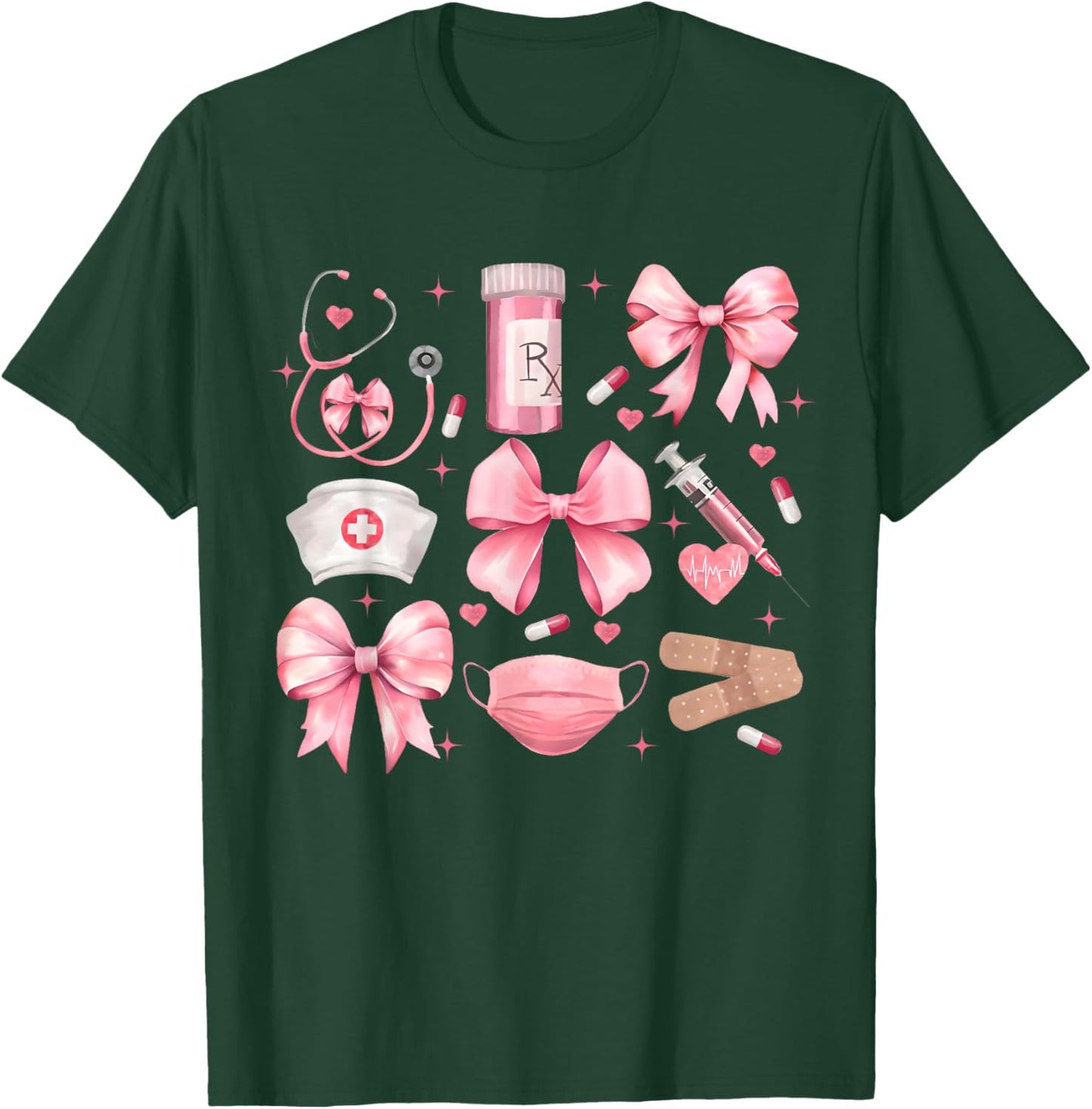 Women Pink Retro Nurse Coquette Pink Bow Girlie Nurse Life T-Shirt - T-Shirt | Forest