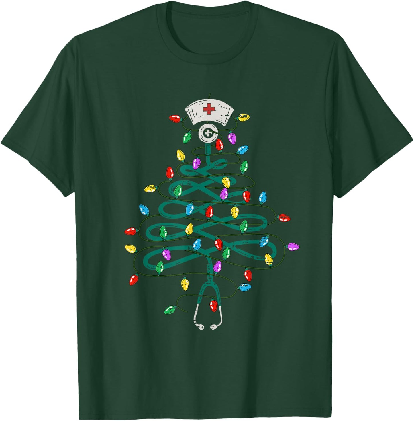 Stethoscope Christmas Tree Lights Nurse Christmas Scrub Top T-Shirt - T-Shirt | Forest