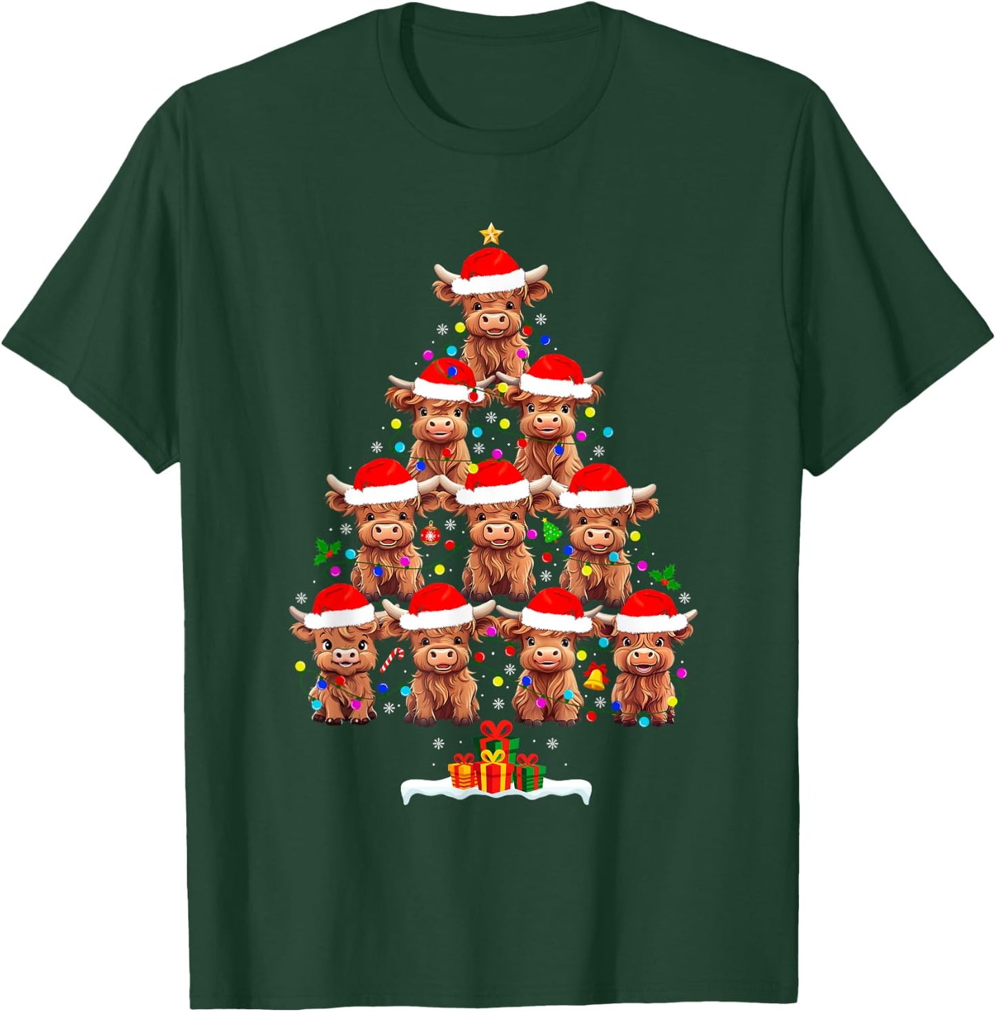 Scottish Highland Cow Christmas Tree Lights Xmas Pajamas T-Shirt - T-Shirt | Forest