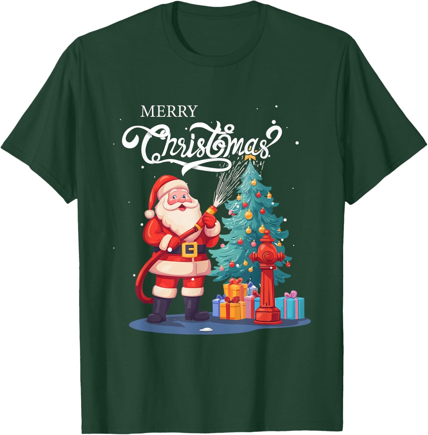 Firetruck Santa Sleigh Fireman Christmas Firefighter Xmas T-Shirt - T-Shirt | Forest