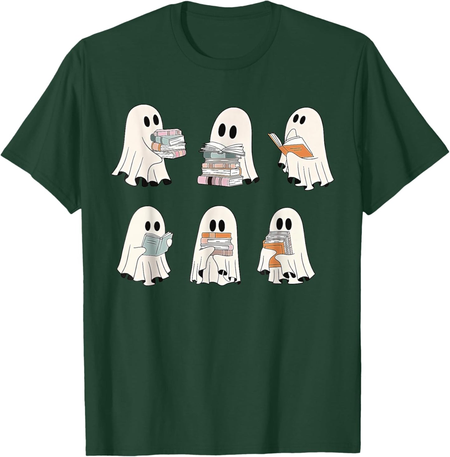 Retro Ghost Reading Books, Halloween bookish ghost bookworm T-Shirt - T-Shirt | Forest