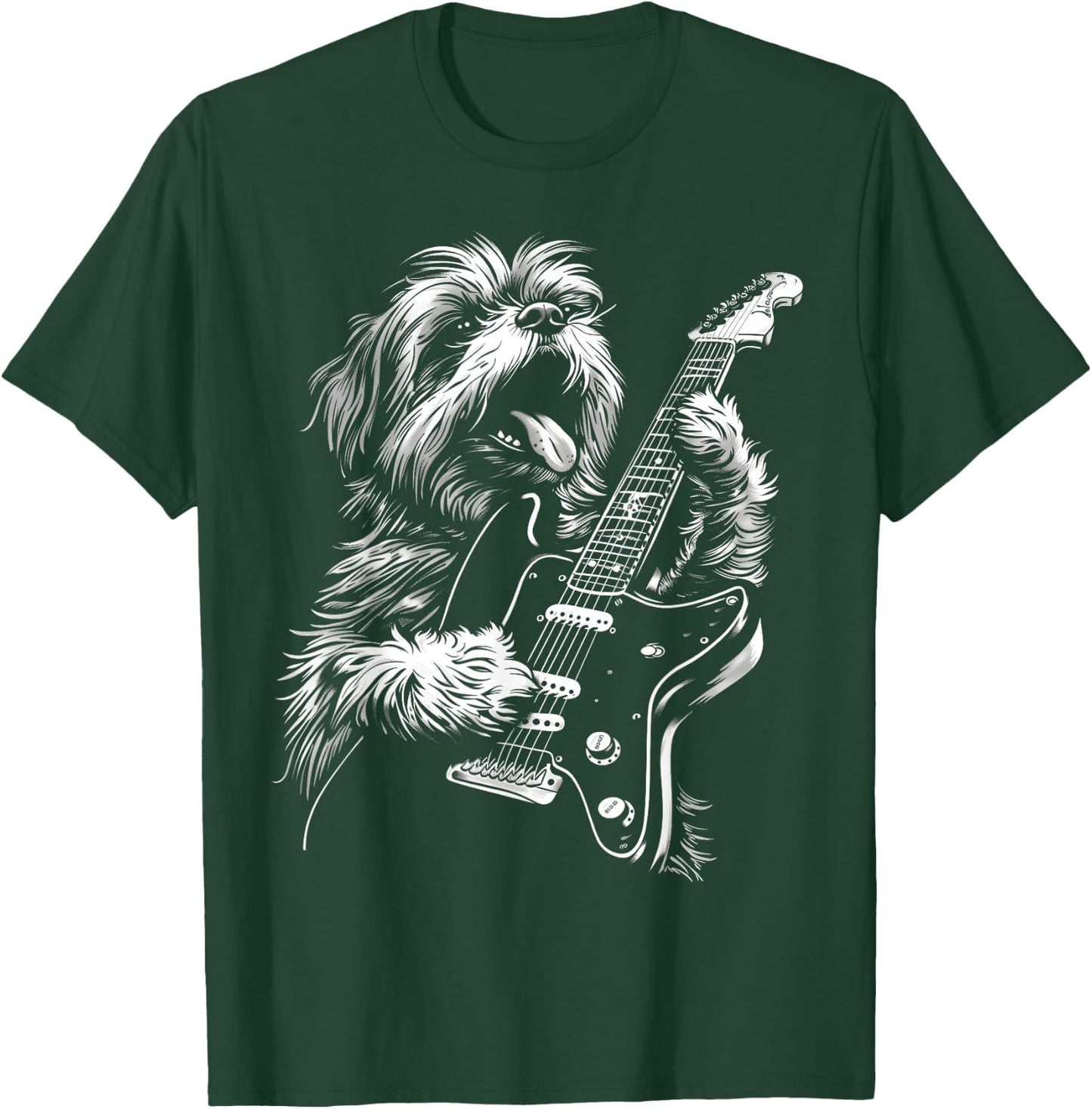 Funny Shih Tzu Dog Playing Electric Guitar Rock Dog Dad Men Women Kids T-Shirt - T-Shirt | Forest