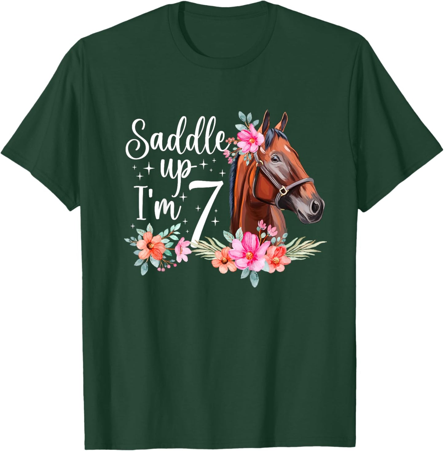 Kids 7th Horse Birthday Seven Year Old Girl Horses Birthday T-Shirt - T-Shirt | Forest