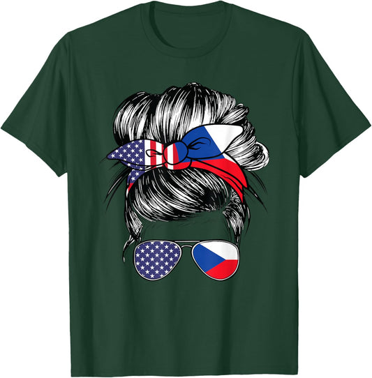 Czech Flag American Women Girl USA Heritage Czechian T-Shirt - T-Shirt | Forest