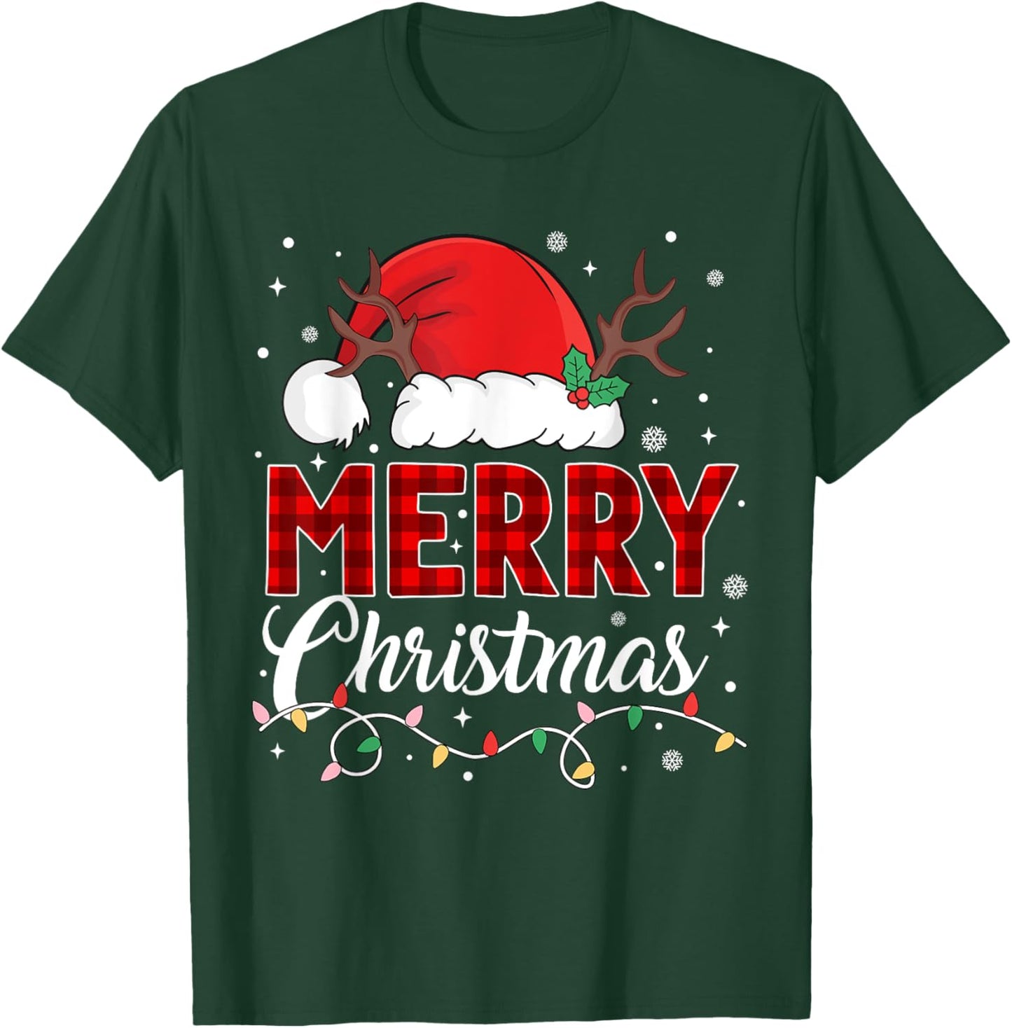 Merry Christmas Lights Red Santa Hat Xmas Family Men Women T-Shirt - T-Shirt | Forest