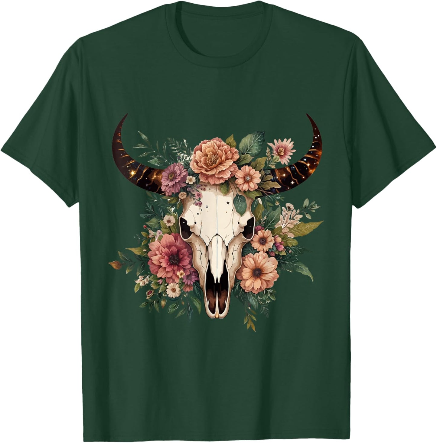 Boho Cow Bull Skull Flowers Wild west Western Cowgirl Texans T-Shirt - T-Shirt | Forest