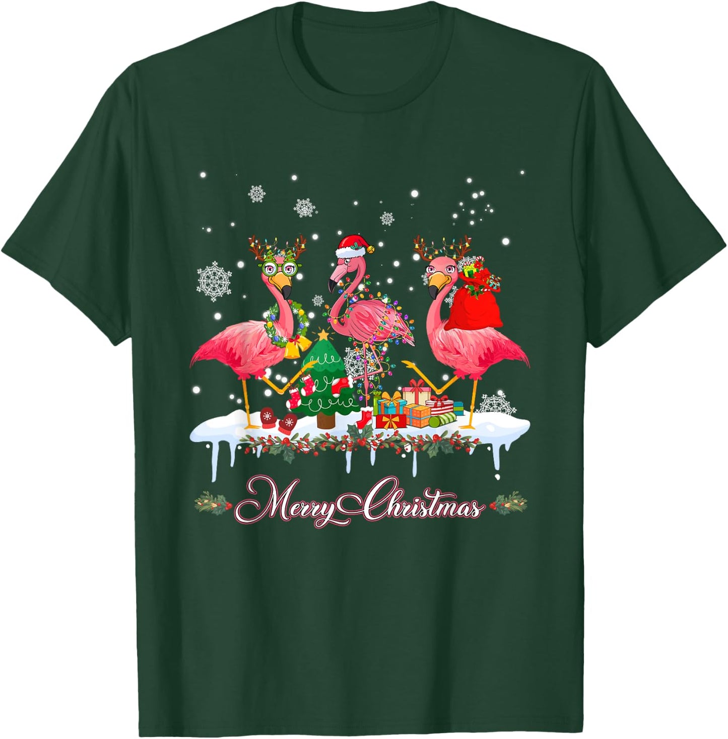 Merry Christmas Hat Santa Flamingo Light Christmas Snow T-Shirt - T-Shirt | Forest