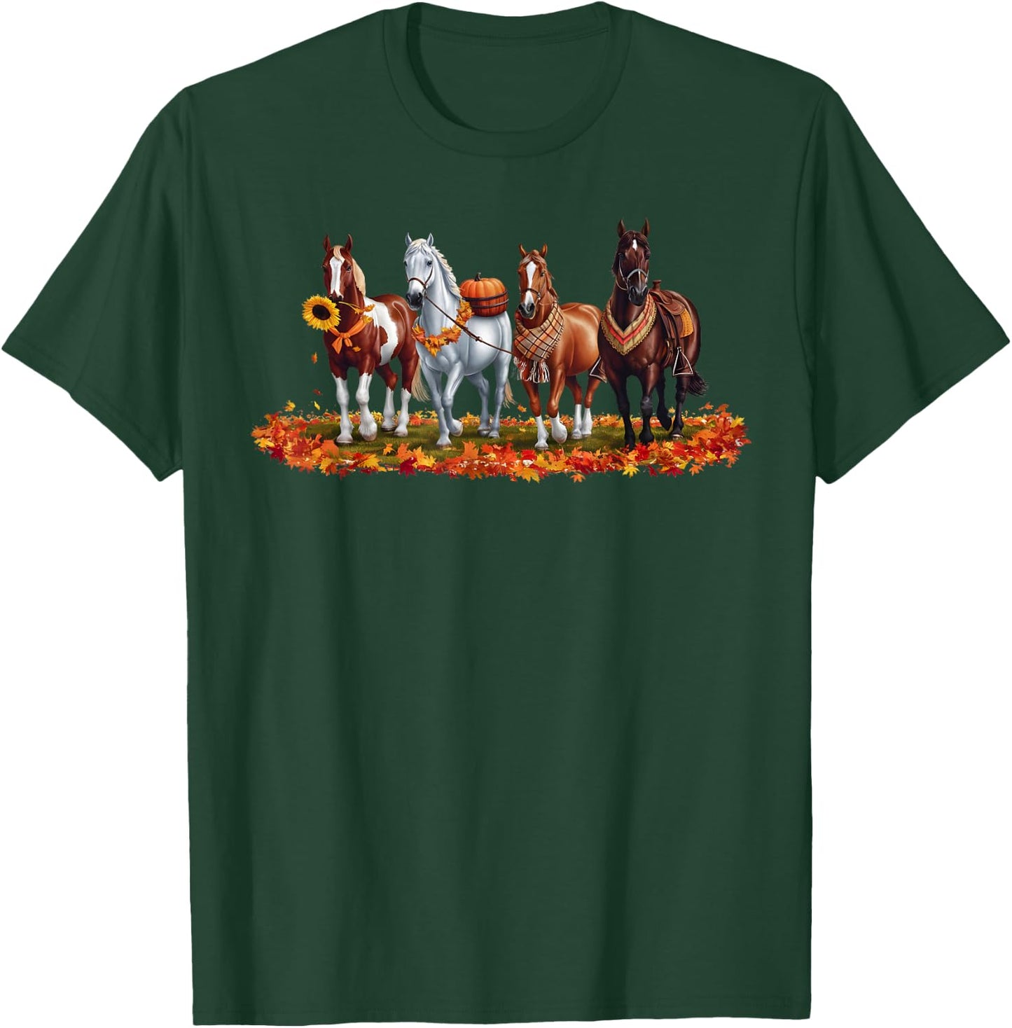Fall Horse Animal Thanksgiving Sunflowers Pumpkin Leaves T-Shirt - T-Shirt | Forest