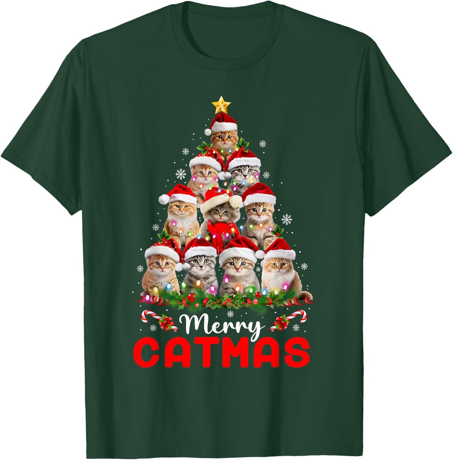 Meowy Catmas Cat Christmas Tree Lights Funny Xmas Pajamas T-Shirt - T-Shirt | Forest
