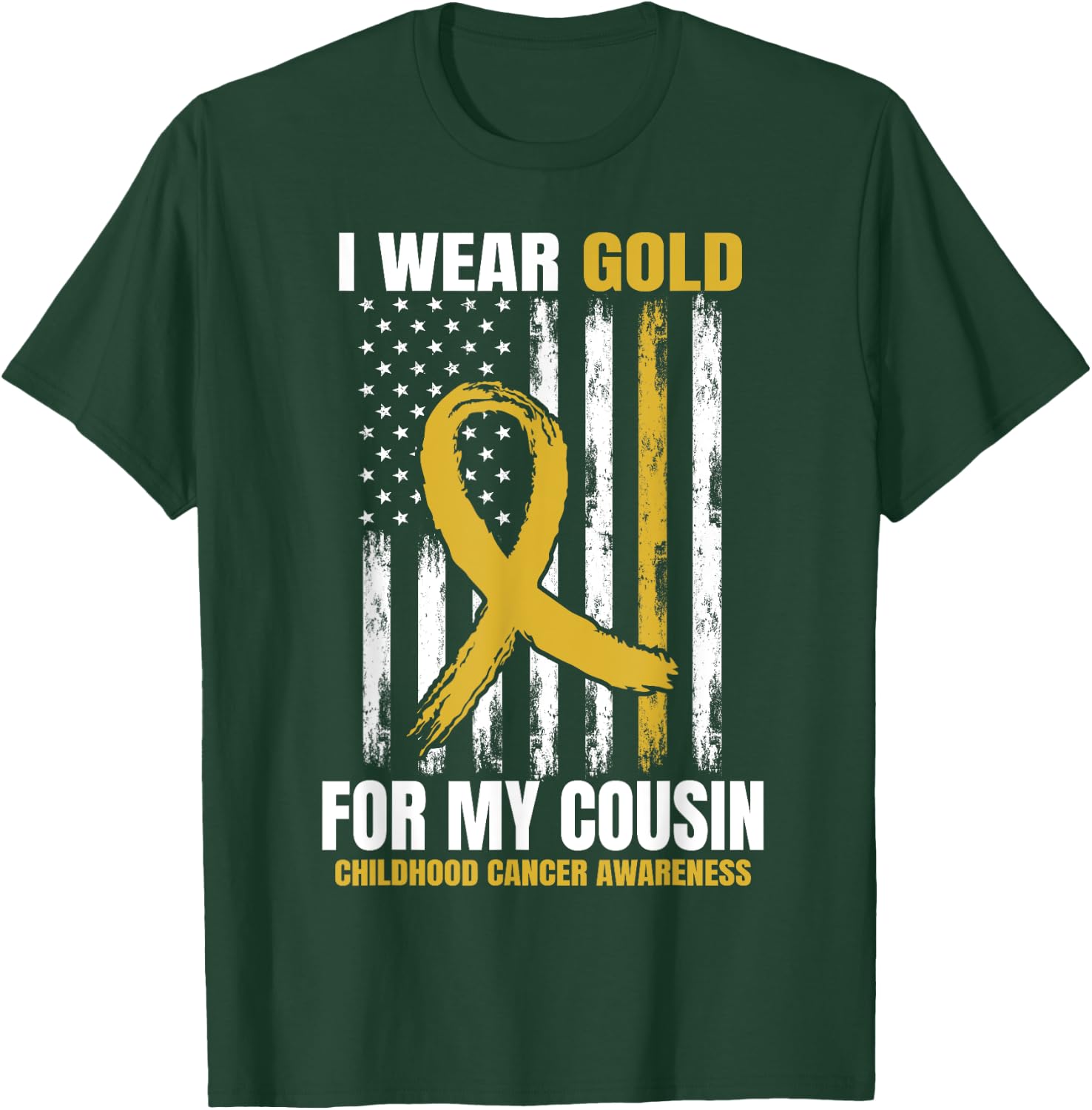 I Wear Gold Cousin Childhood Cancer Awareness American Flag T-Shirt - T-Shirt | Forest