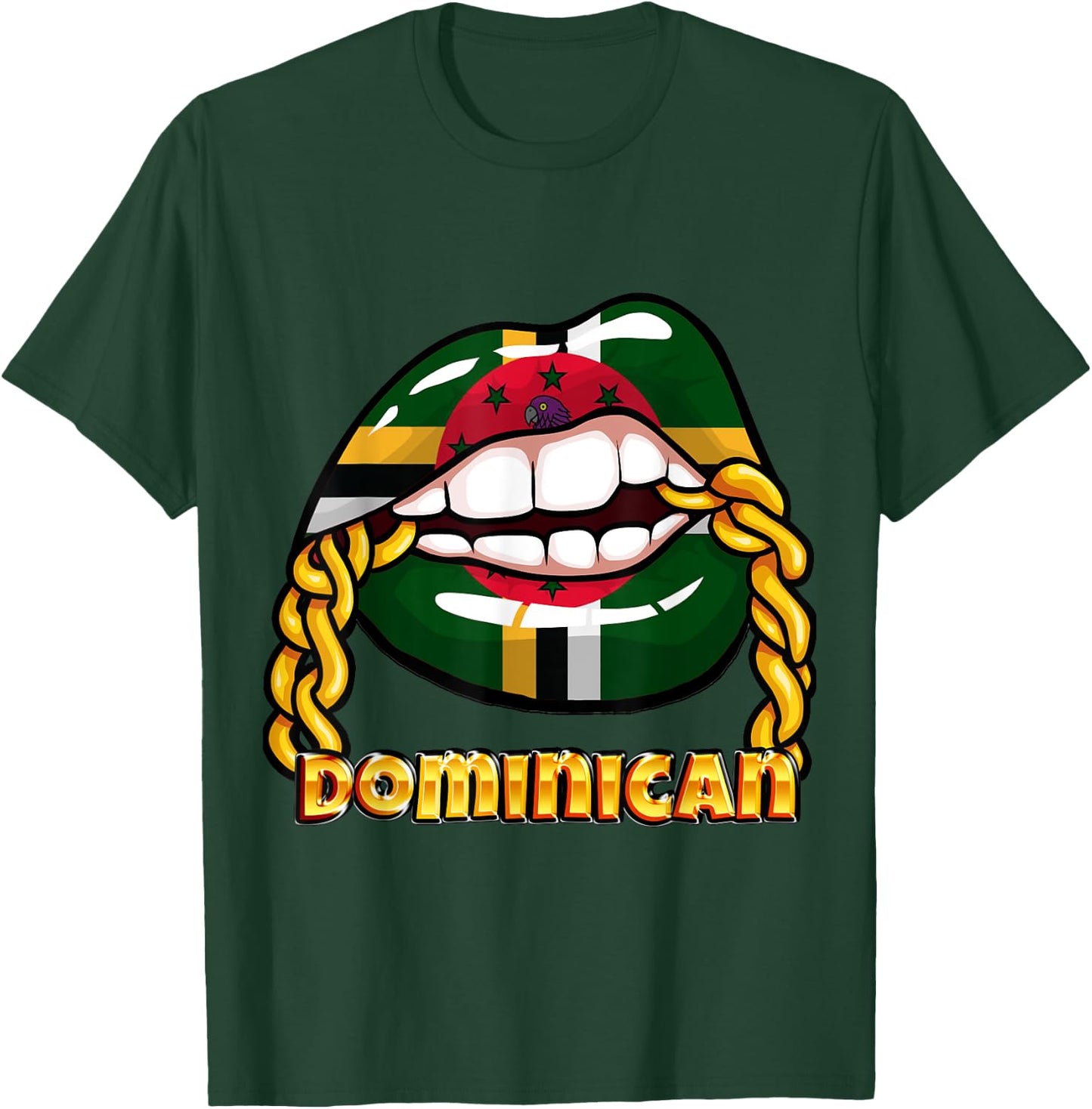 Dominica National Flag Lips with Chain T-Shirt - T-Shirt | Forest