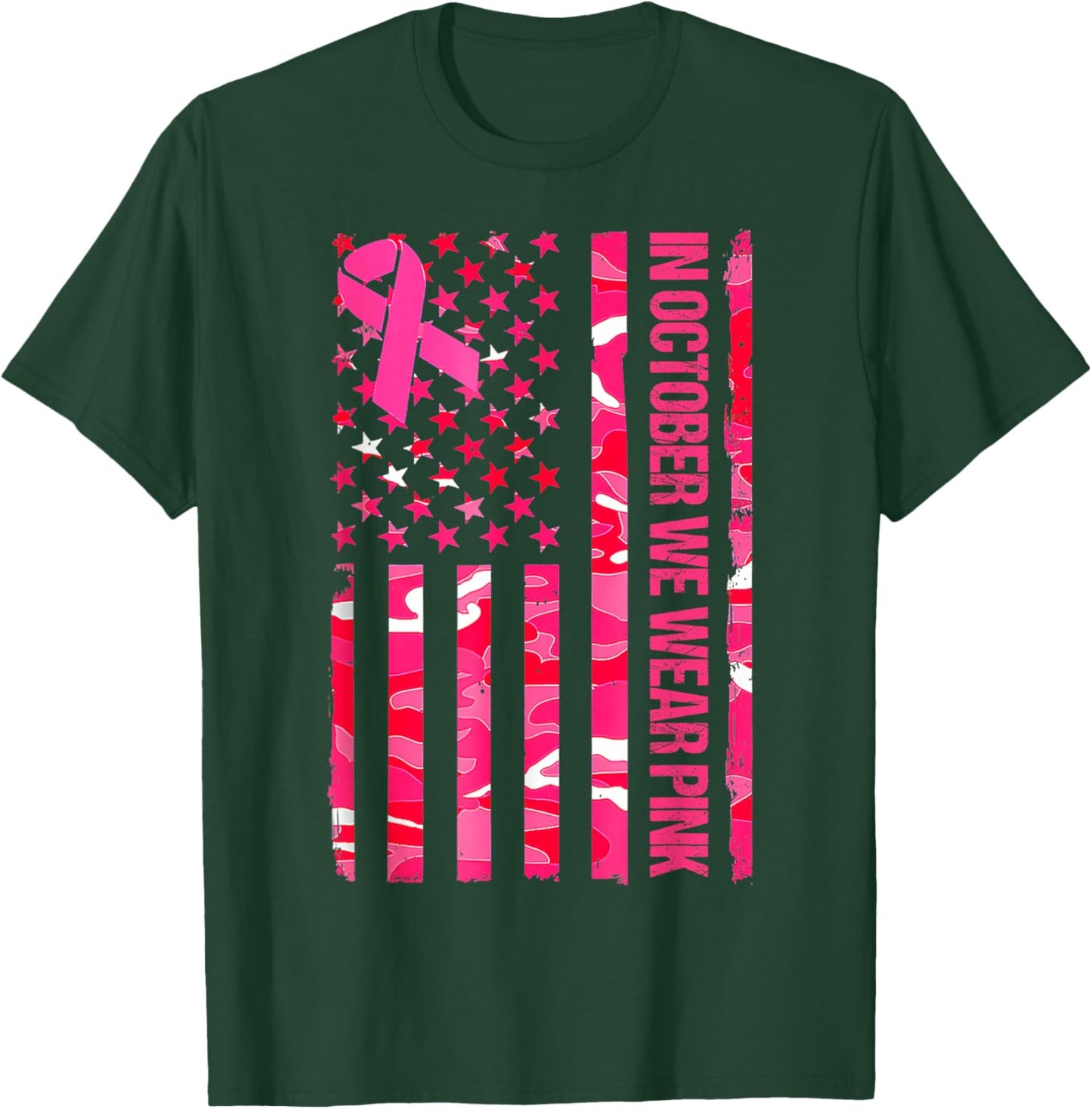 In October We Wear Pink Camo US Flag Breast Cancer Awareness T-Shirt - T-Shirt | Forest