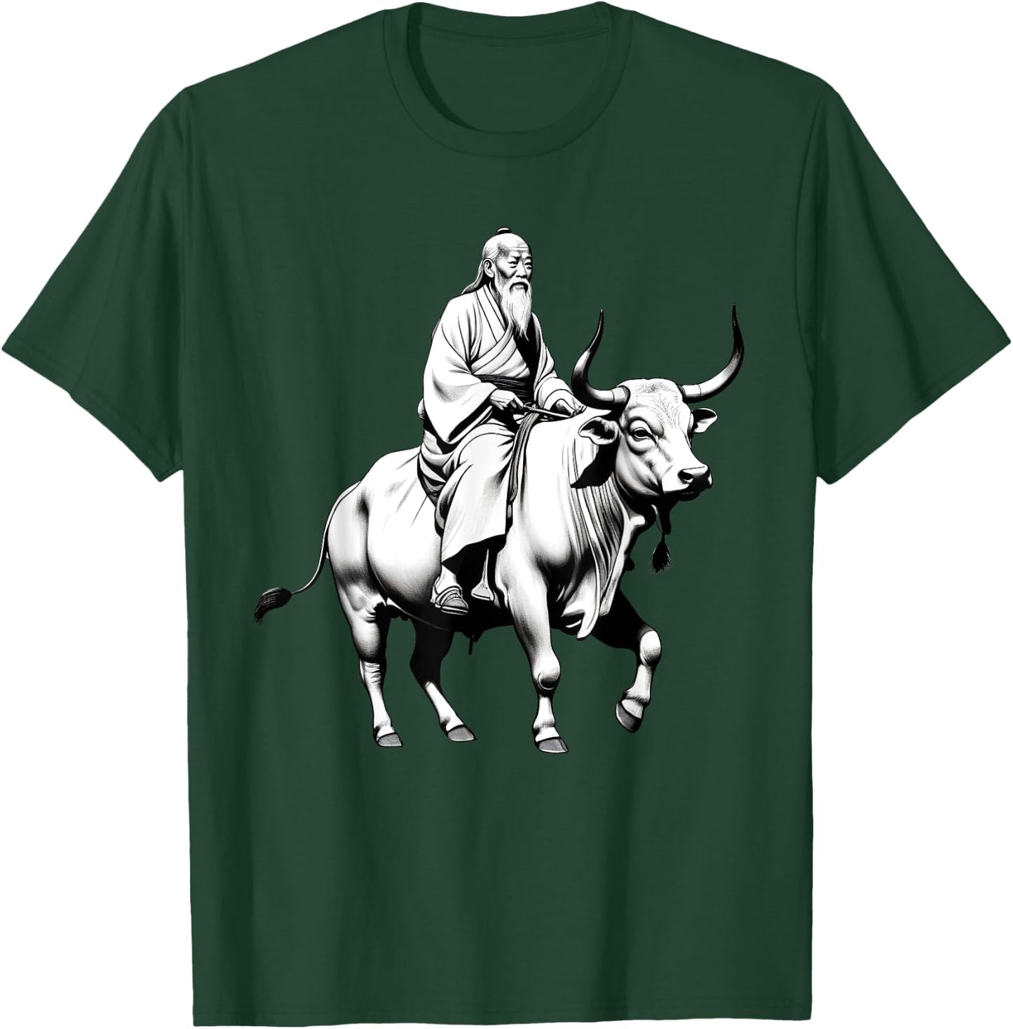 Vintage Spiritual Design Lao Tzu Riding An Ox, Tao Te Ching -Adults, -Kids Grey Short Sleeve Classic Fit Polyester T-Shirt - T-Shirt | Forest