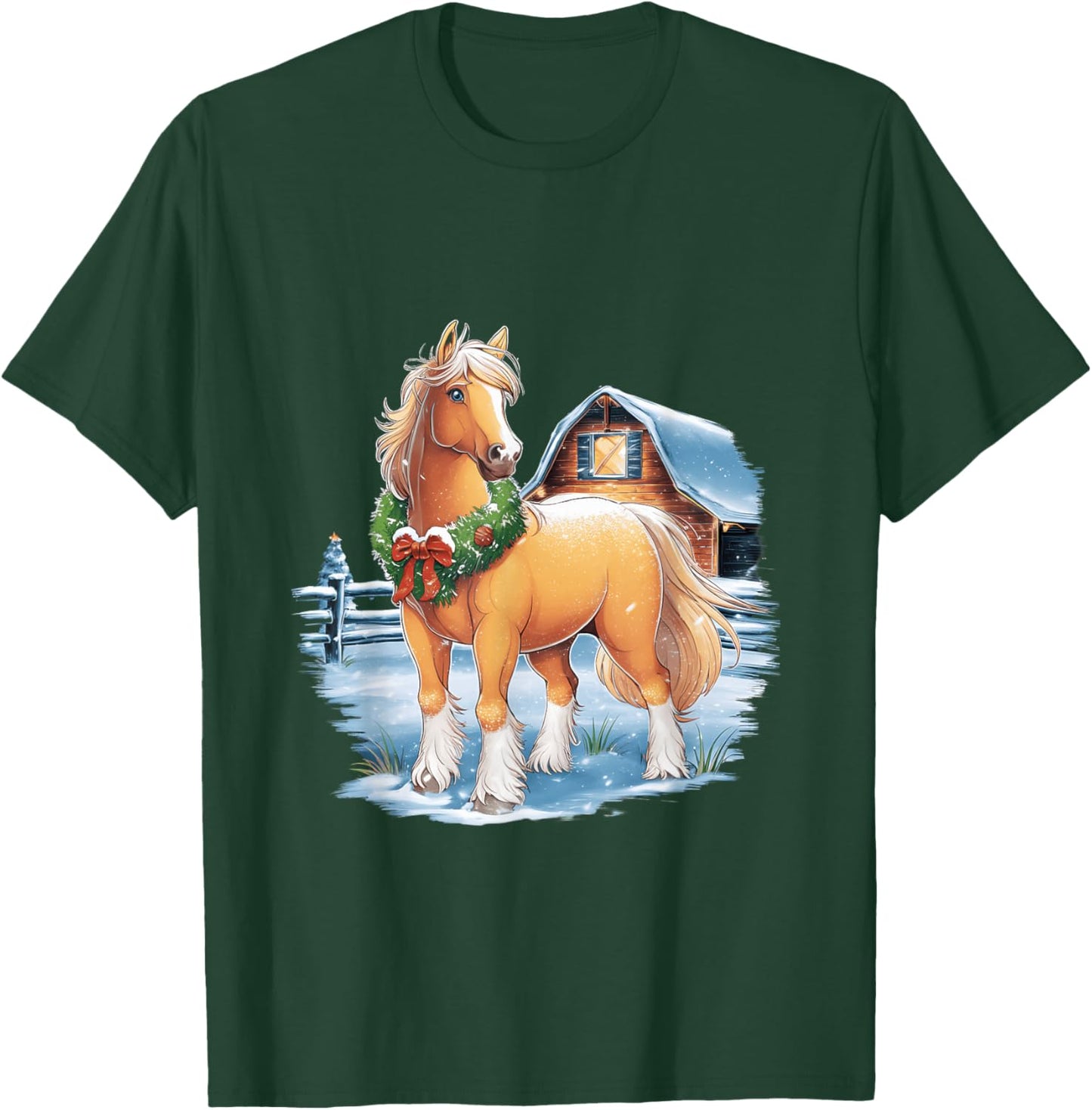 Festive Horse with Wreath in Snowy Barnyard Scene T-Shirt - T-Shirt | Forest