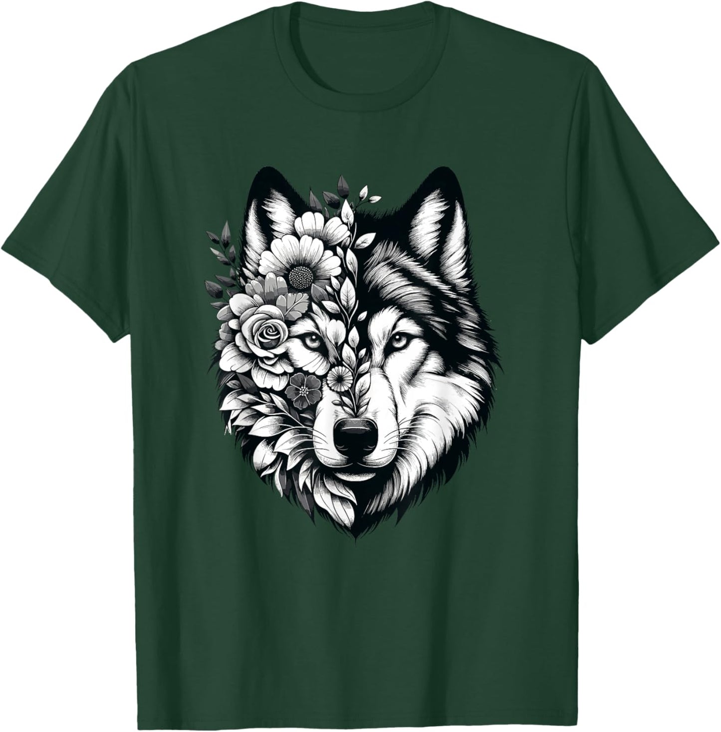 Wolf & Flowers, Wolf Graphic & Floral Wolf Face T-Shirt - T-Shirt | Forest