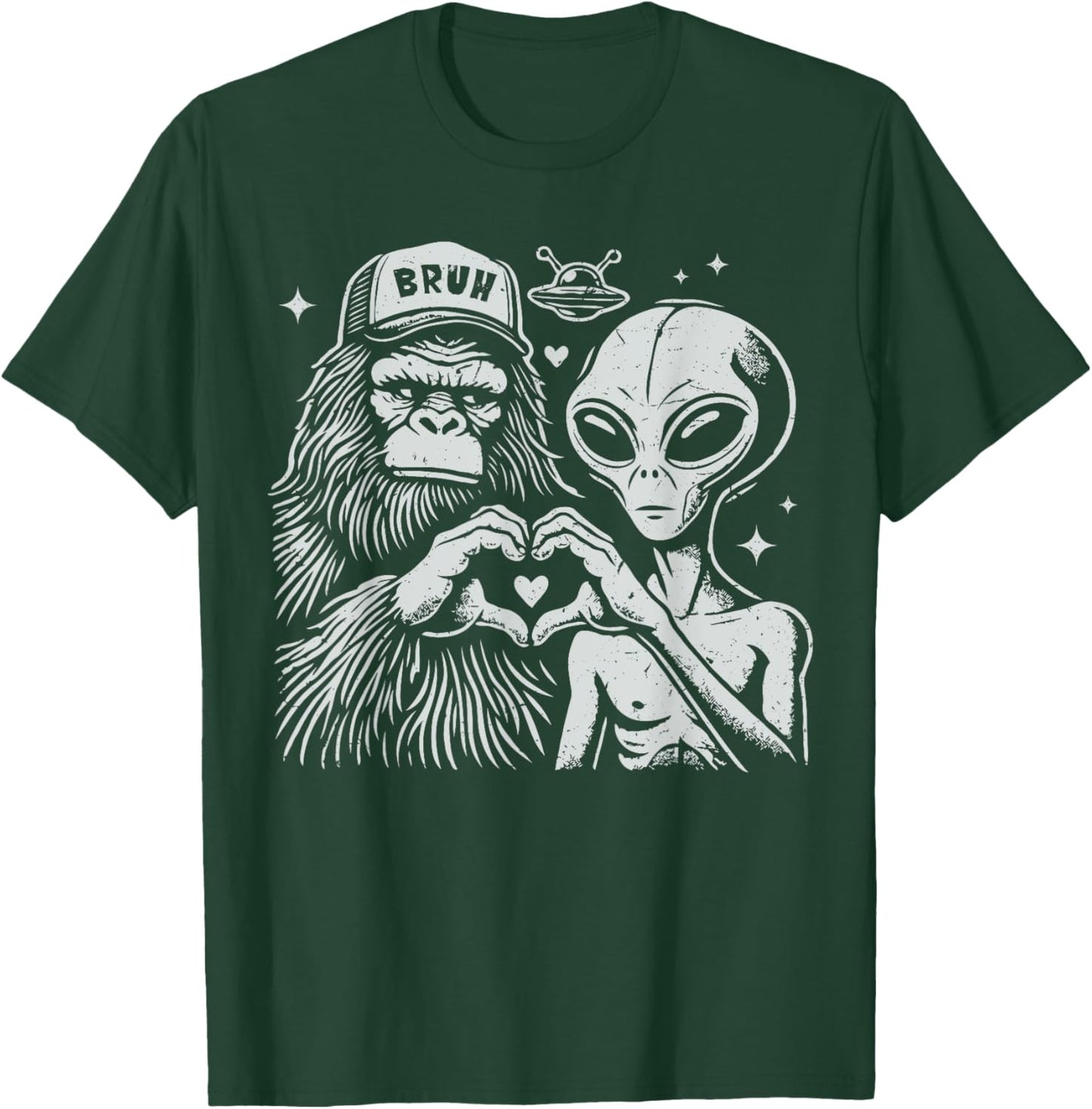 Vintage Funny Bigfoot and Alien Heart Hand Sign T-Shirt - T-Shirt | Forest
