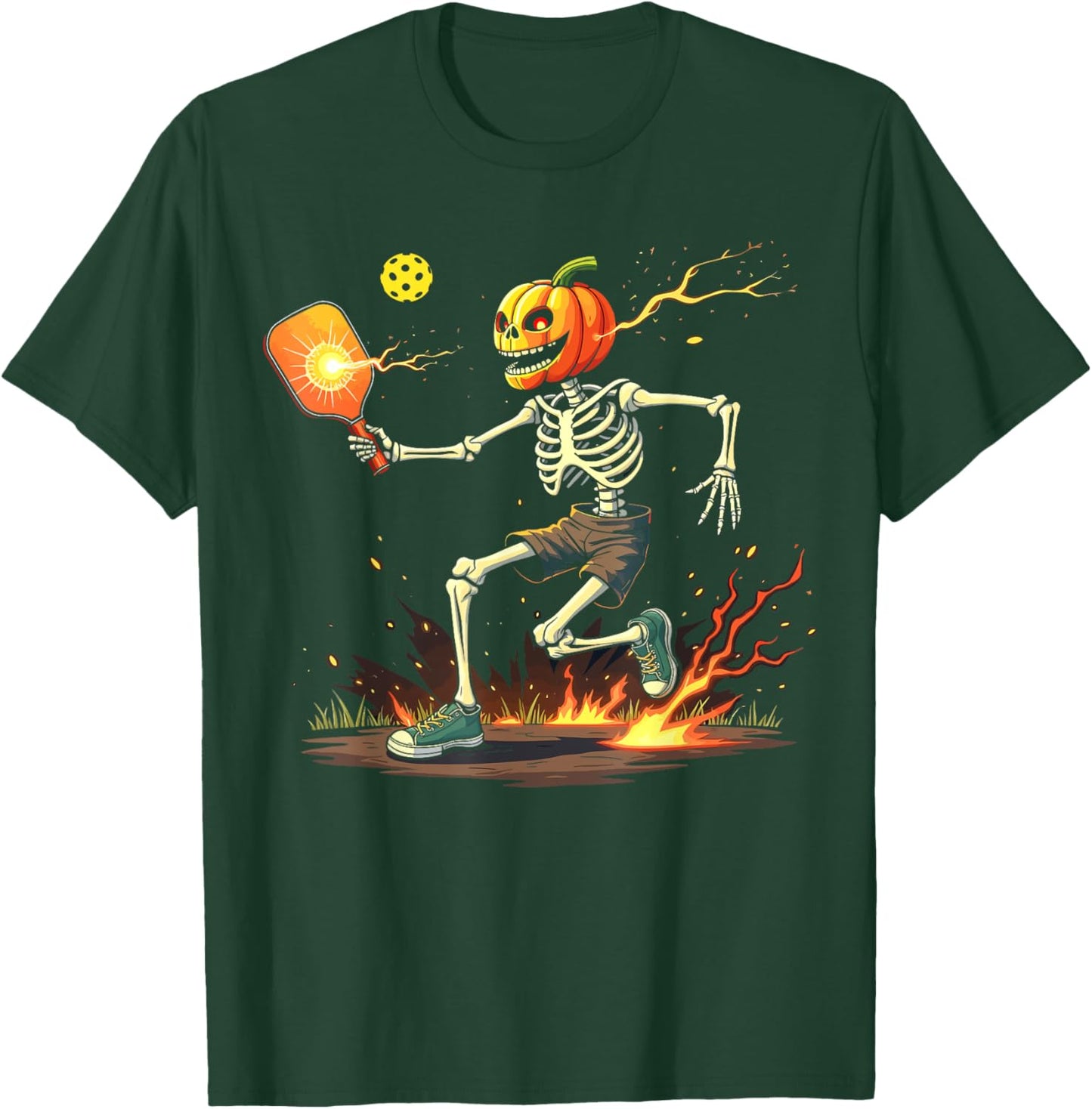 Pumpkin Head Skeleton Pickleball Halloween Spooky Sports T-Shirt - T-Shirt | Forest