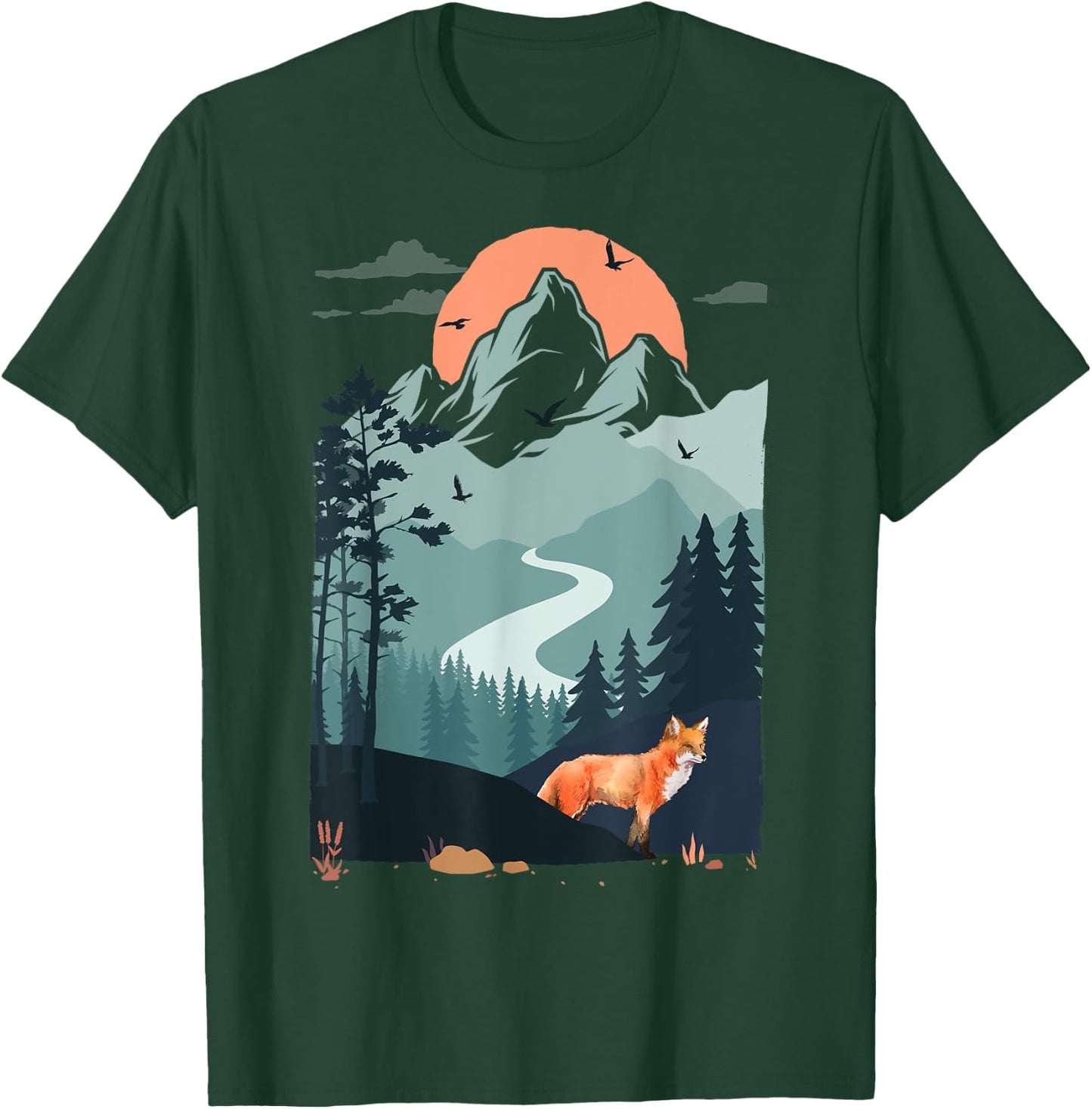Mountain sunset Pine Tree Bird flying sky Red Standing Fox T-Shirt - T-Shirt | Forest