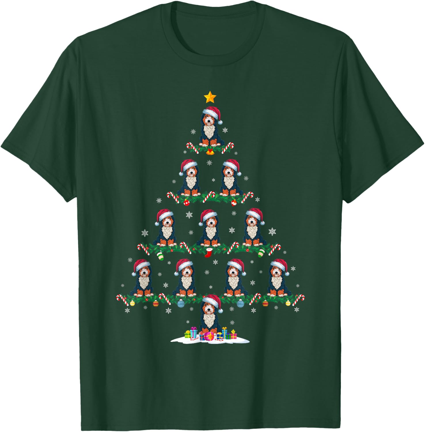 Funny Xmas Tree Bernedoodle Dog Owner Gifts -Adults -Kids Black Short Sleeve Cotton Blend Small T-Shirt - T-Shirt | Forest