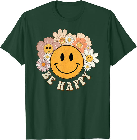 Retro Groovy Be Happy Smile Face Cute Hippie Flowers 70s T-Shirt - T-Shirt | Forest