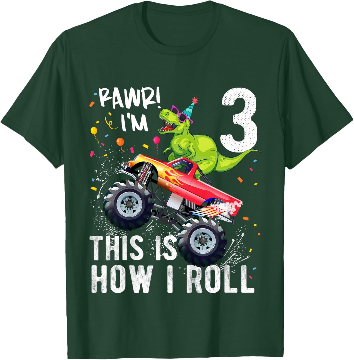 Kids T Rex Dinosaur Monster Truck 3rd Birthday Boys and Girls T-Shirt - T-Shirt | Forest