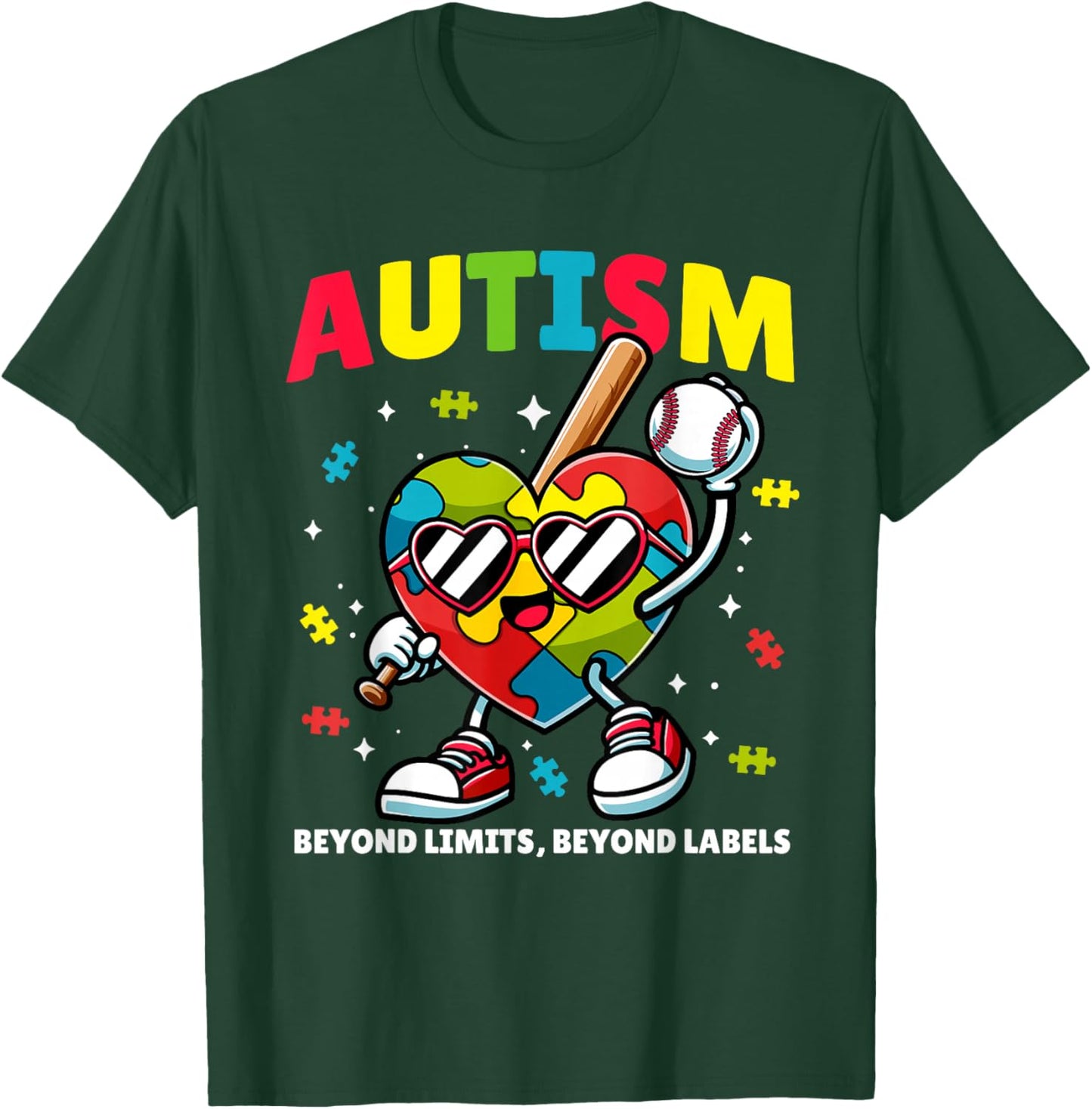 Autism Baseball Heart | Puzzle Awareness Design for Kids T-Shirt - T-Shirt | Forest