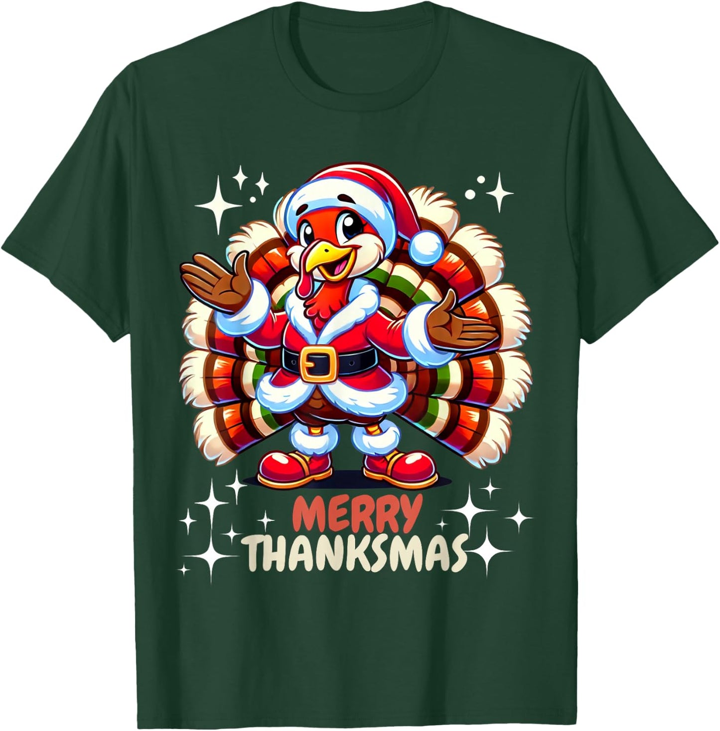 Funny Merry Thanksmas Thanksgiving Turkey Xmas T-Shirt - T-Shirt | Forest