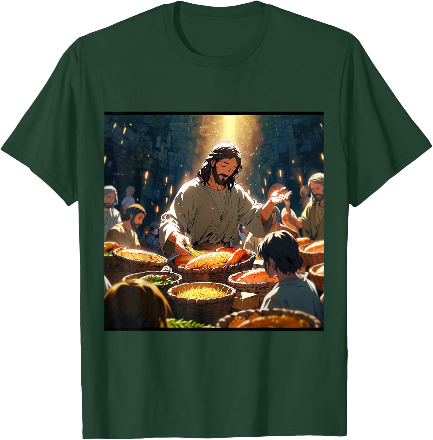 Jesus Anime Miracle Fishes and Loaves Matthew 14 Feed 5000 T-Shirt - T-Shirt | Forest