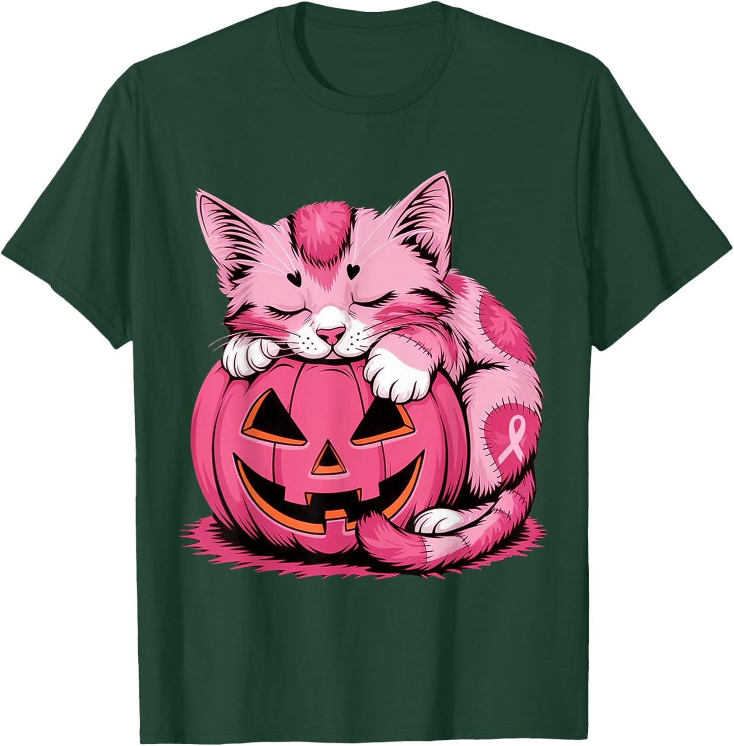 Cute Pink Cat Hugging Pumpkin Breast Cancer Awareness Kitten T-Shirt - T-Shirt | Forest