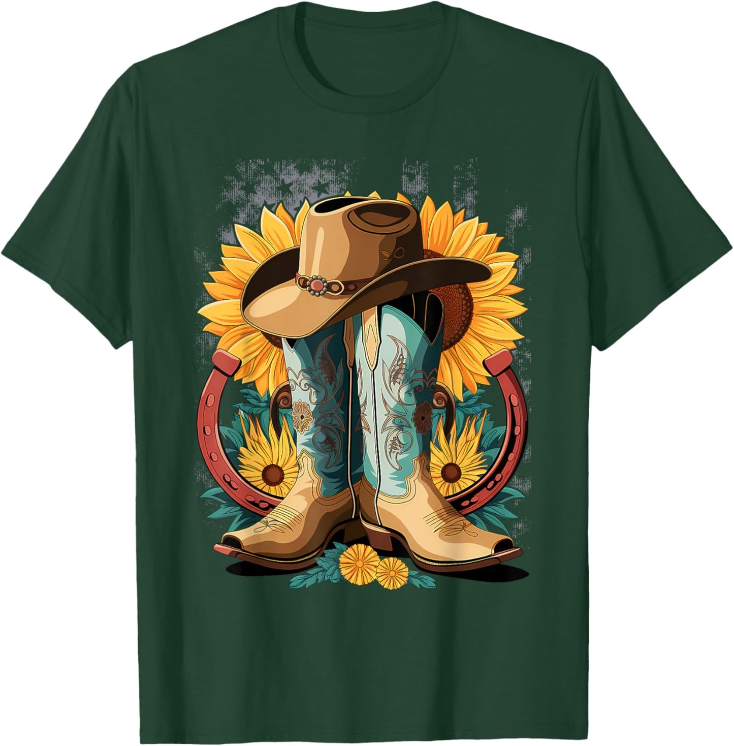 Western Cowboy Boot Horseshoe Sunflower Rope Cowgirl Country T-Shirt - T-Shirt | Forest