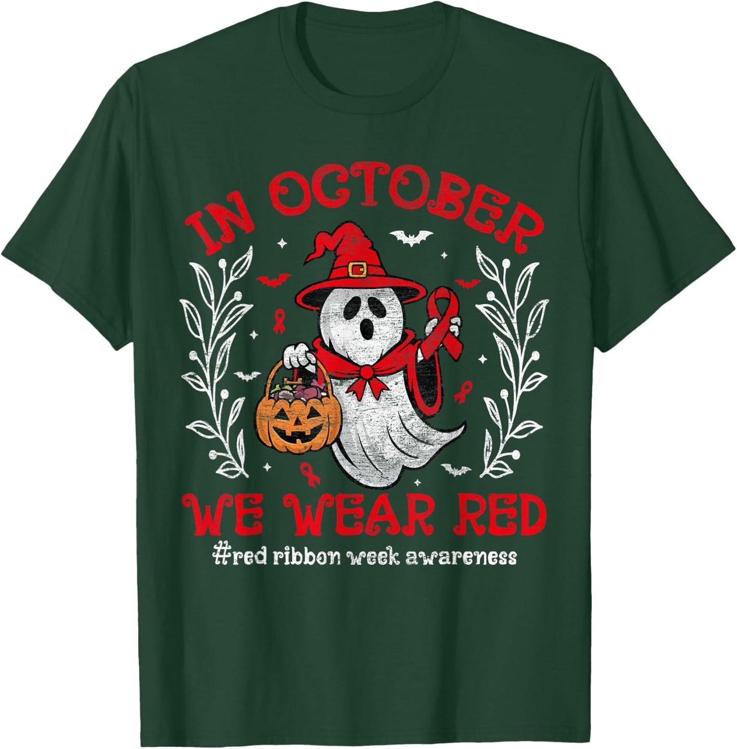 In October We Wear Red For Red Ribbon Week Awareness Ghost T-Shirt - T-Shirt | Forest