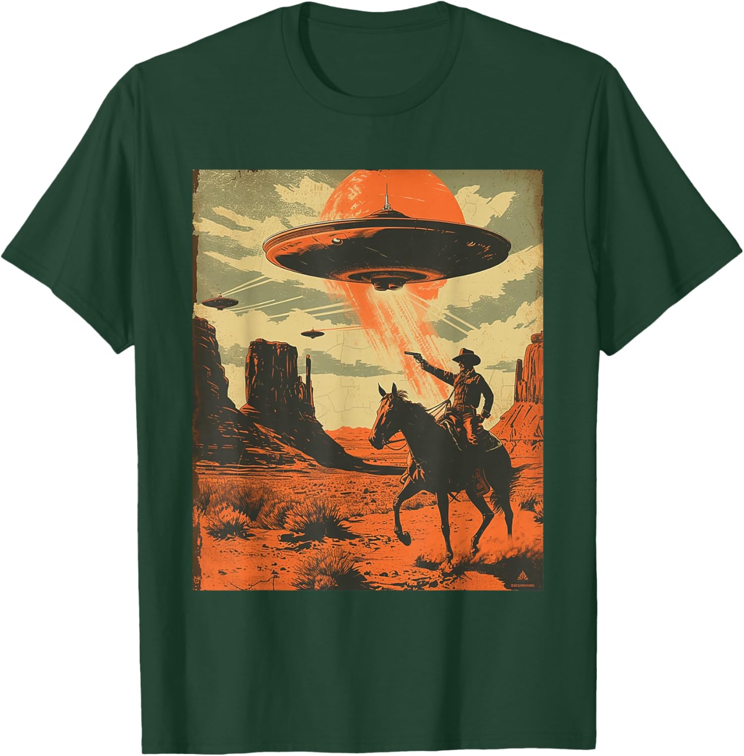 Retro Desert Cowboy Riding Horse Shooting At Space UFO Art T-Shirt - T-Shirt | Forest