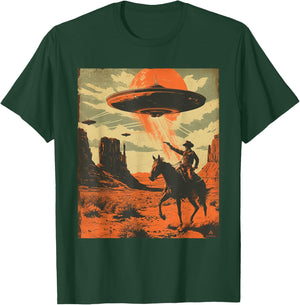 Retro Desert Cowboy Riding Horse Shooting At Space UFO Art T-Shirt - T-Shirt | Forest
