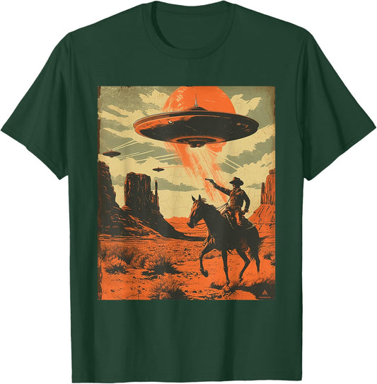 Retro Desert Cowboy Riding Horse Shooting At Space UFO Art T-Shirt - T-Shirt | Forest