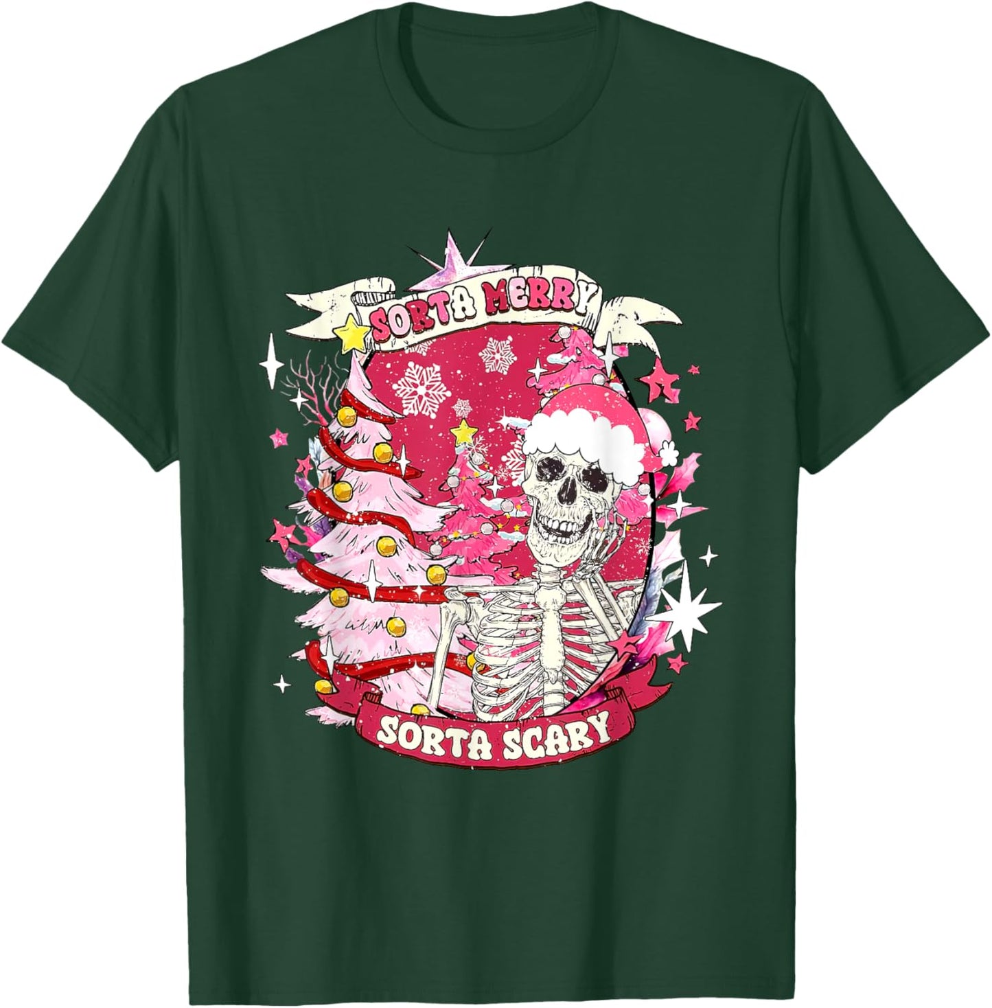 Christmas Sorta Merry Sorta Scary Skeleton Pink Xmas Tree T-Shirt - T-Shirt | Forest