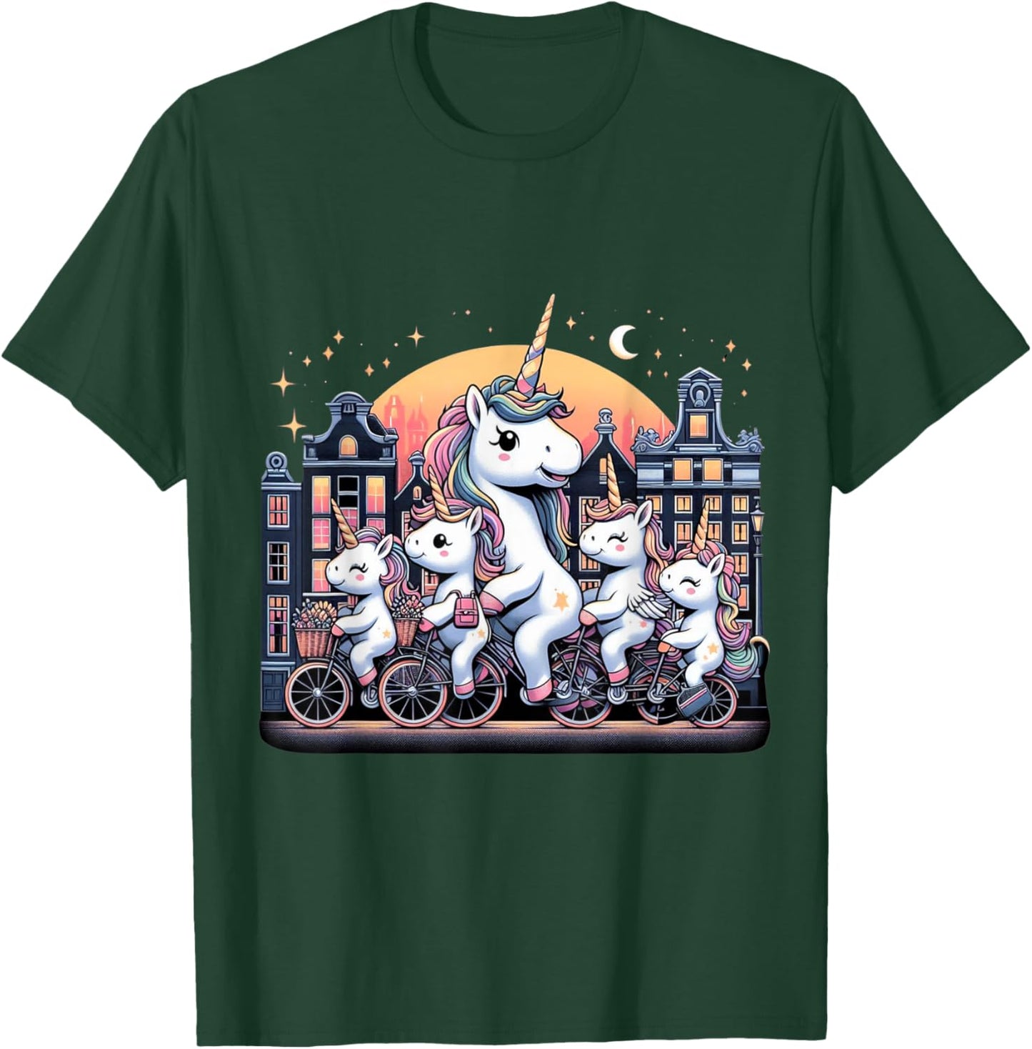 Unicorn Bicycle Amsterdam Netherlands Boys Girls Women Kids T-Shirt - T-Shirt | Forest
