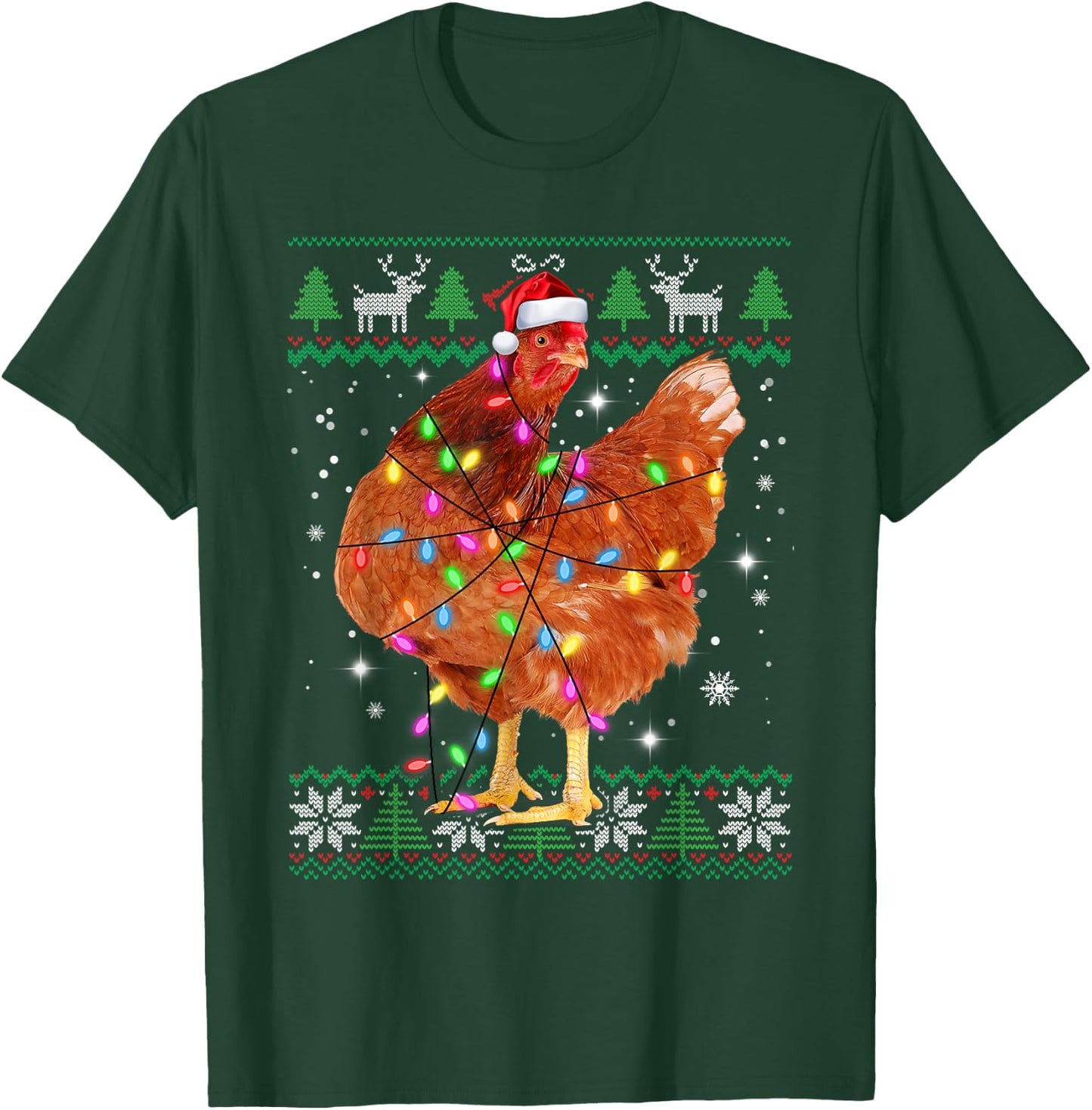 Ugly Christmas Chicken Santa Hat Lights Sweater Xmas T-Shirt - T-Shirt | Forest