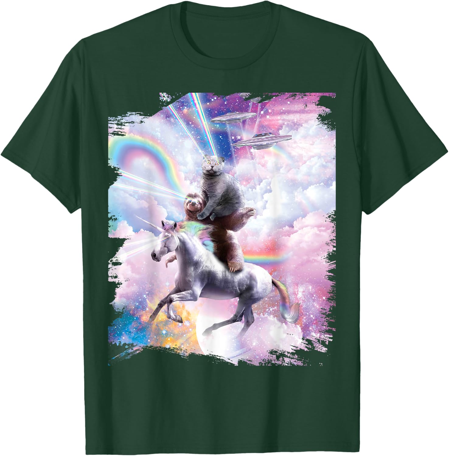Laser Eyes Space Cat on Sloth Unicorn - Rainbow T-Shirt - T-Shirt | Forest
