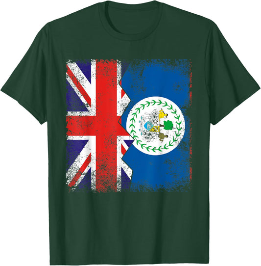 Belizean Roots | Half British Flags | UK Belize Vintage T-Shirt - T-Shirt | Forest