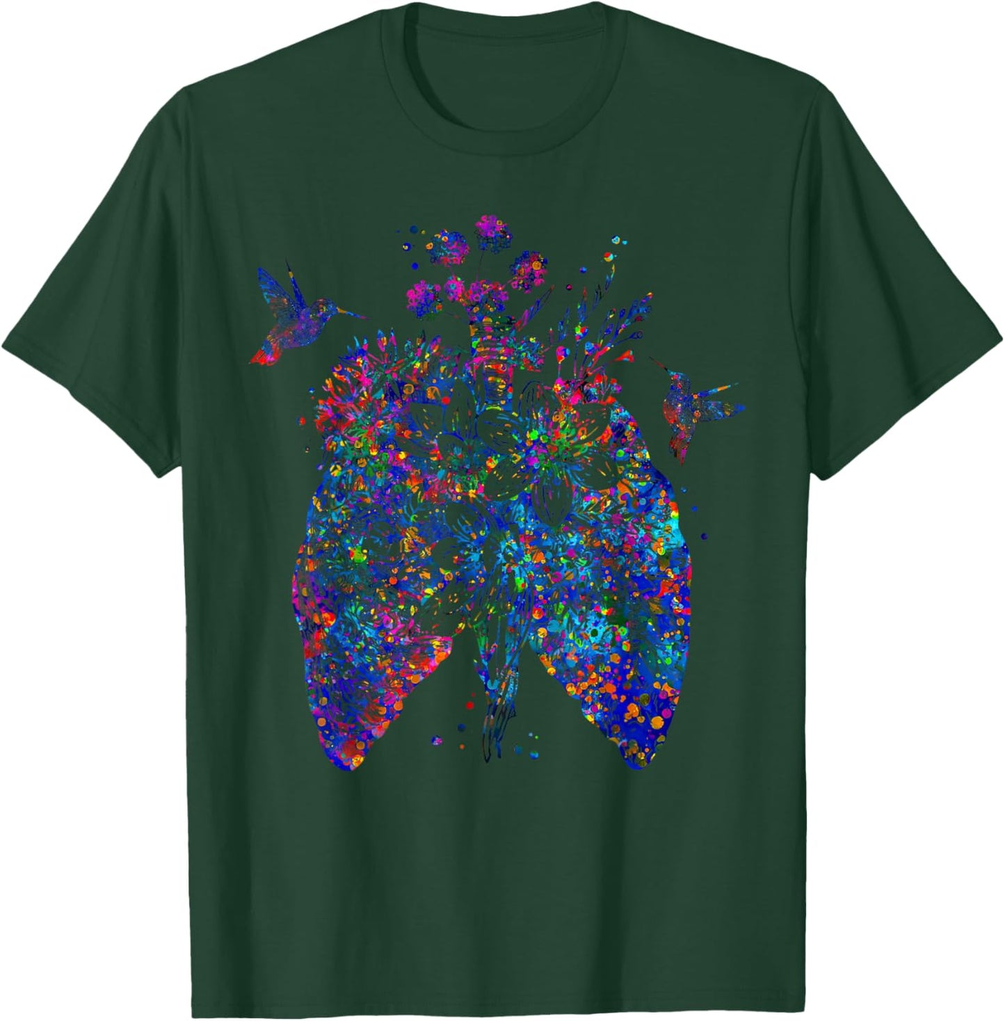 Color Hummingbird Floral Lung Anatomy Pulmonologist RT Nurse T-Shirt - T-Shirt | Forest